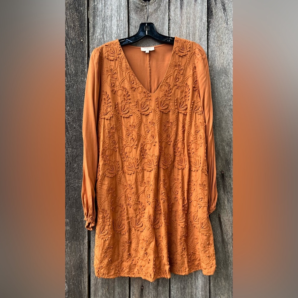 Umgee Rust Orange Long Sleeve Embroidered Dress